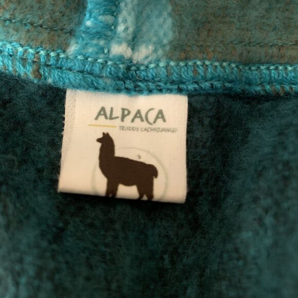 Alpaca Cotton Poncho Sweater Blue Stripe Button Hooded Sz OS Soft Cozy - Picture 9 of 10